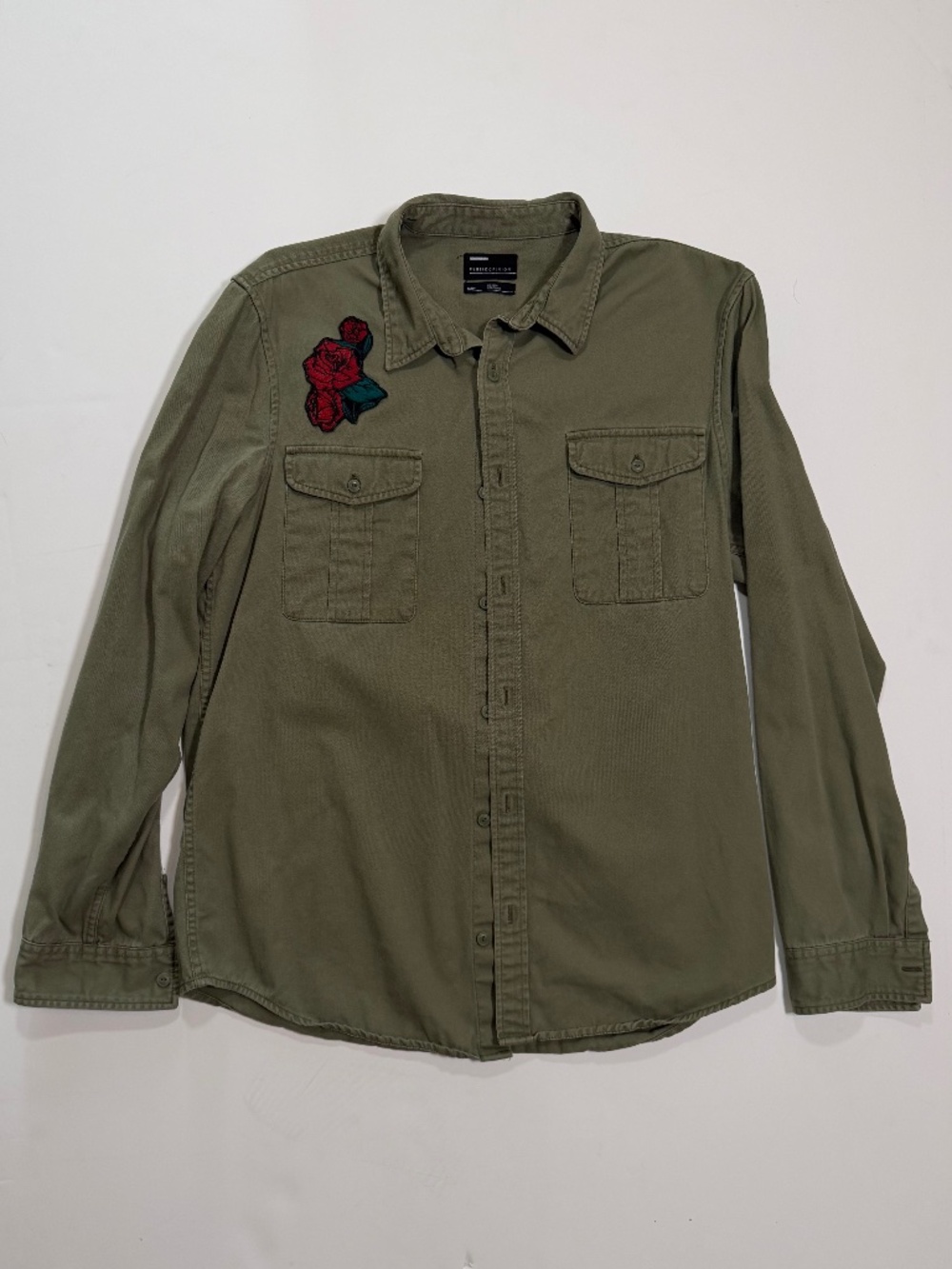 Public Opinion Men's Embroidered Rose Utility Button Down Shirt — Olive Green, L